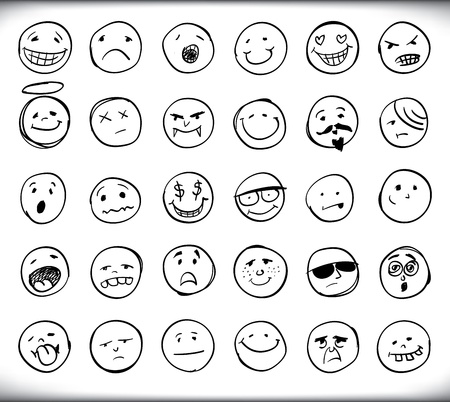 Set of thirty hand drawn emoticons or smileys each with a different facial expression and emotion, sketched outline on white