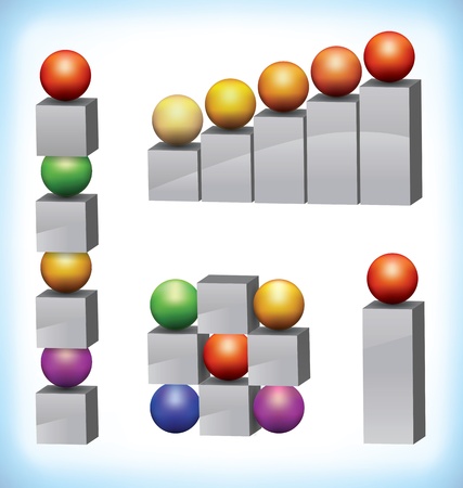 collection of 3d presentation template elements consists of multicolored spheres and gray squaresのイラスト素材