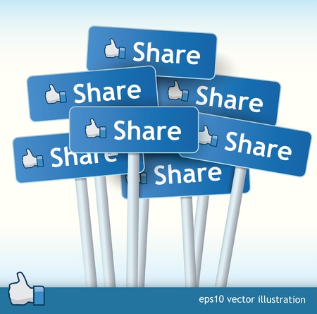 3d vector signposts with the text share on them and a thumb up for liking conceptのイラスト素材