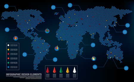 Infographic template with a world map made of dots, and other objects for displaying measuresのイラスト素材