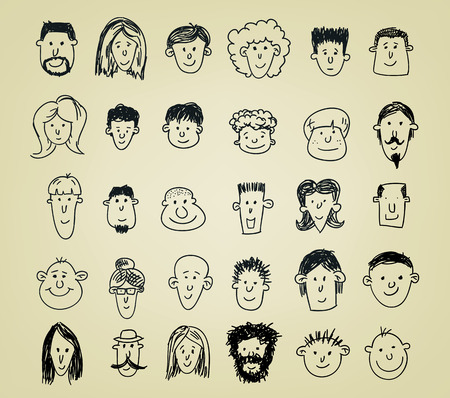 collection of different doodled character heads in various expressionsのイラスト素材