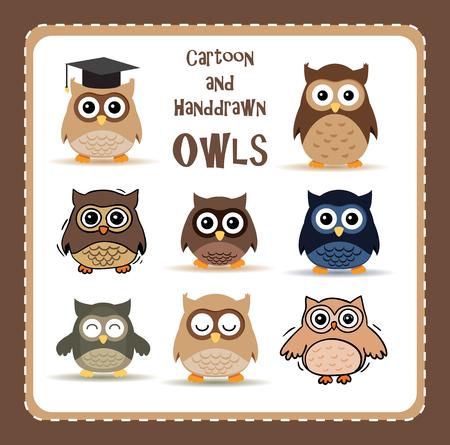 collection of nine cute cartoon and hand-drawn owlsのイラスト素材