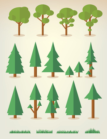 set of flat trees and grass including pine and deciduous treesのイラスト素材