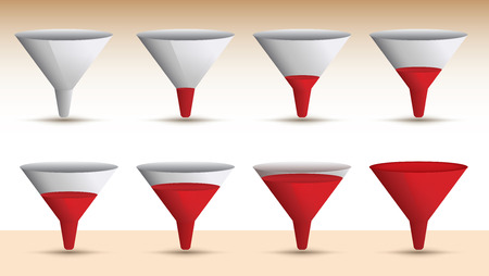 Timeline series of a funnel emptying or filling with a red liquid in a sequence of eight levels, vector illustrationのイラスト素材