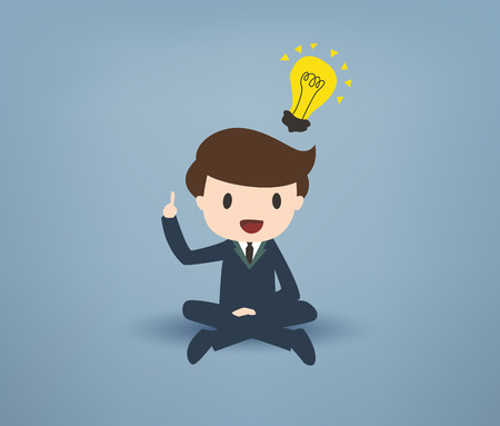 Cartooned Young Businessman Sitting with Legs Crossed, Pointing his Finger Up with Yellow Bulb on Over his Head Against Gray Background.のイラスト素材