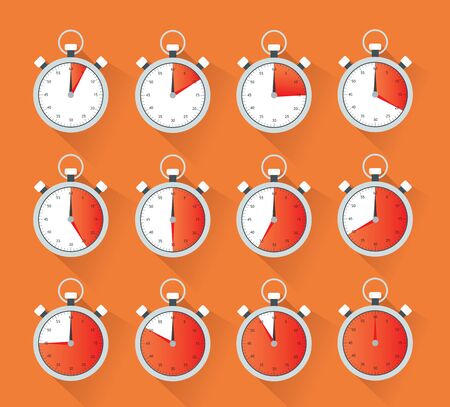 Collection of a stopwatch showing different times in five minutes stopsの写真素材