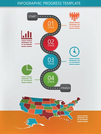 Road infographics with four steps and a map of the united states of americaのイラスト素材