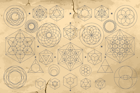 Collection of abstract geometric signs drawn to an old vintage paper textureのイラスト素材