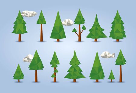 low poly conifer trees set for poster designs, banners, flyers, website designs and christmas backgroundsのイラスト素材