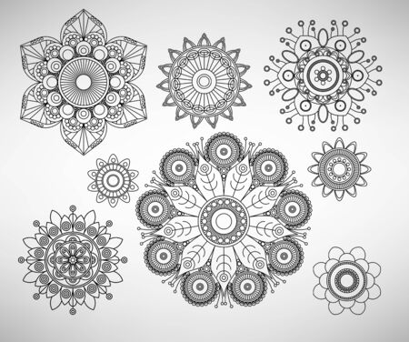 Doodle line art complex flower illustrations setのイラスト素材