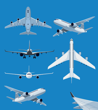 Collection of airplane illustrations from side, top, front and back viewのイラスト素材