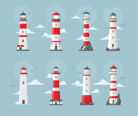 Set of vector ligthhouse illustration in flat styleのイラスト素材