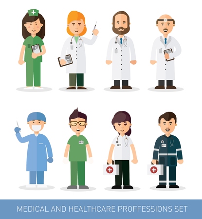 Set of doctors and nurses and medical staff illustration. Medical team concept in flat design people character.のイラスト素材