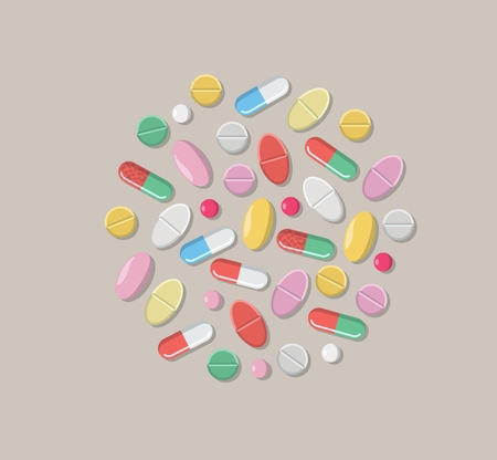 Vector icon of different pills, capsules in a flat style arranged in a circle for backgroundのイラスト素材