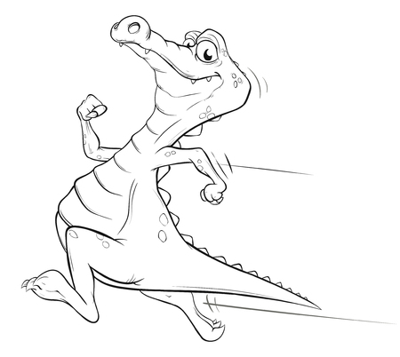Coloring book illustration of a cartoon cute alligator runningのイラスト素材