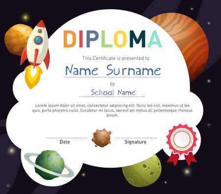 Science themed children diploma certificate template with rocket and cute planets.のイラスト素材