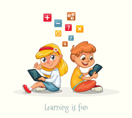 Illustration of a boy and a girl sitting with a laptop and tablet learning. Educational vector about the fun in studyのイラスト素材
