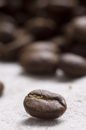 Roasted coffee beans on jute sacking