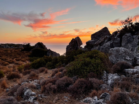 Beautiful Sunrise in Faliraki east coast of the Greek Island, Anthony Quinn Bay, Rhodes, Greeceのeditorial素材