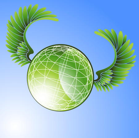 Flying World : Green globe with feathered wings on a blue sky background.のイラスト素材