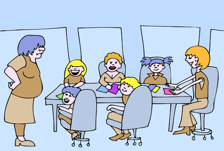 Office meeting with people at a table having a discussion to the boss.のイラスト素材