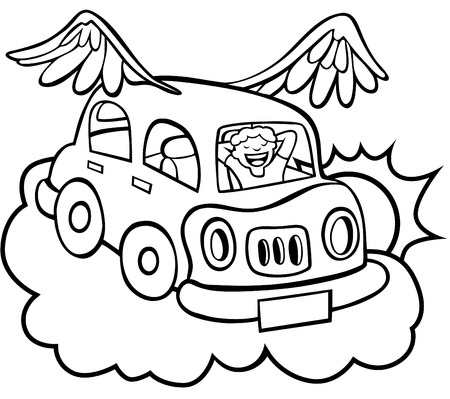 Cartoon of a flying car with wings floating above the clouds.のイラスト素材