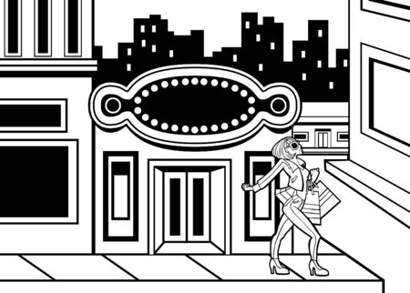 Cartoon of a woman shopping downtown in a big city.のイラスト素材