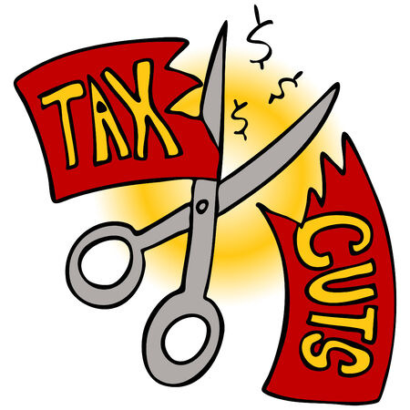 An image of a scissors cutting a tax cut paper.のイラスト素材