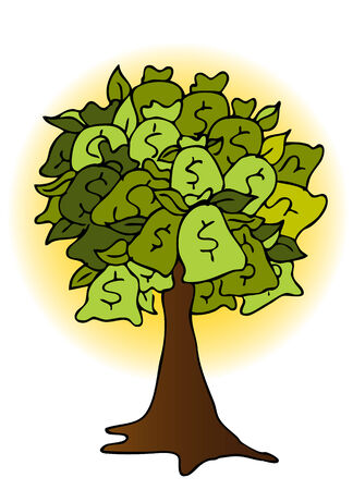 An image of a money bag tree drawing with glowing sun background.のイラスト素材