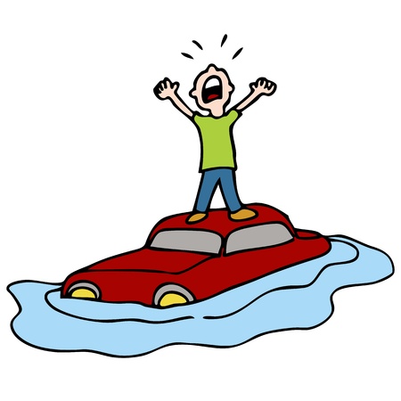 An image of a man on the roof of his car surrounded by water.のイラスト素材