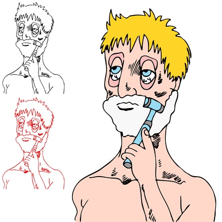 An image of a tired man shaving his face.のイラスト素材