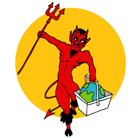 An image of a devil holding the world in a basket.