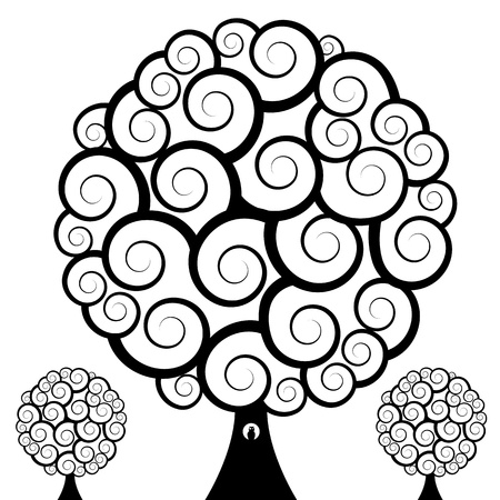 An image of a set of three swirl trees with an owl.のイラスト素材