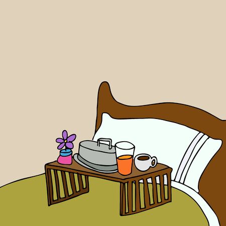An image of a breakfast food tray on a bed.のイラスト素材