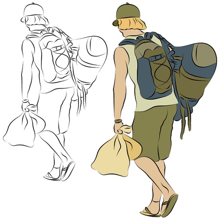 An image of a young man carrying man bags line drawing.のイラスト素材
