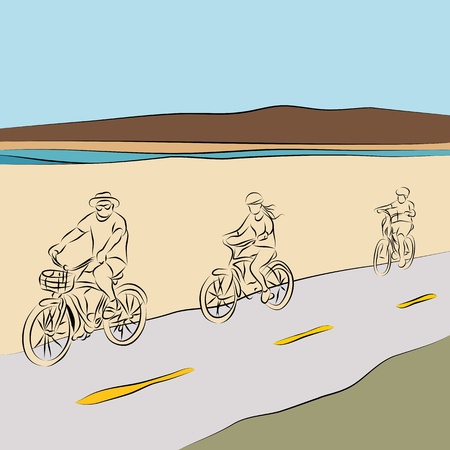 An image of a family riding bicycles on the beach ine drawing.のイラスト素材