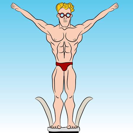 An image of a male swimmer on top of the diving board.のイラスト素材
