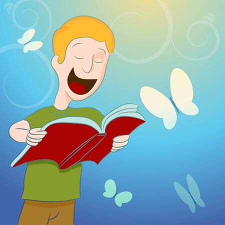 An image of a child reading a book amongst butterflies.のイラスト素材