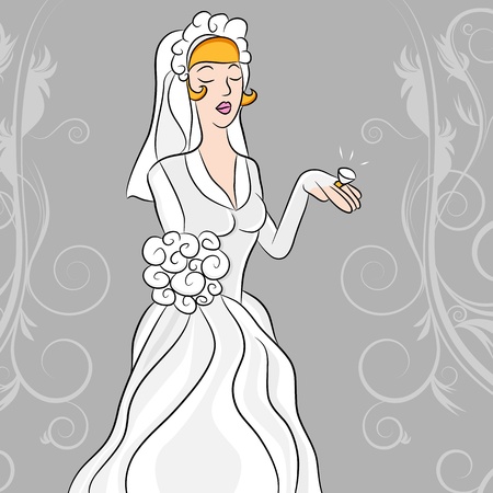 An image of a wedding bride gazing on her diamond wedding ring.のイラスト素材