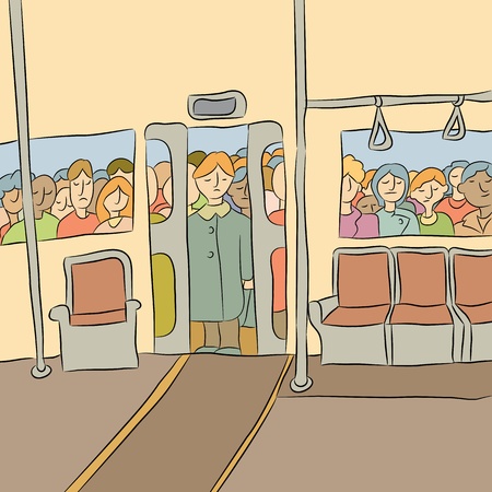 An image of a crowd of people waiting to board the subway car.のイラスト素材