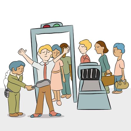An image of a line of people going through a security checkpoint.のイラスト素材