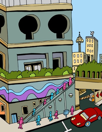 An image of a people riding an escalator in the city.のイラスト素材