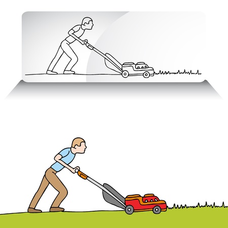 An image of a man mowing the lawn with a lawnmower.のイラスト素材
