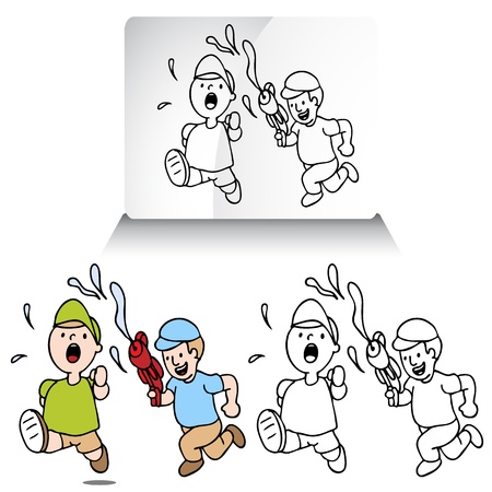 An image of a boy running from another child with a water pistol.のイラスト素材
