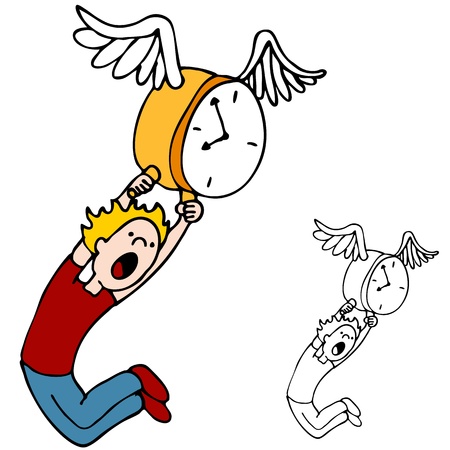 An image of how time flies with a man holding on to a flying clock.のイラスト素材