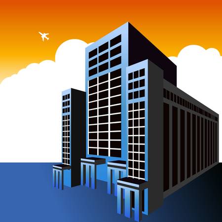 An image of a highrise office building with a plane flying overhead.のイラスト素材