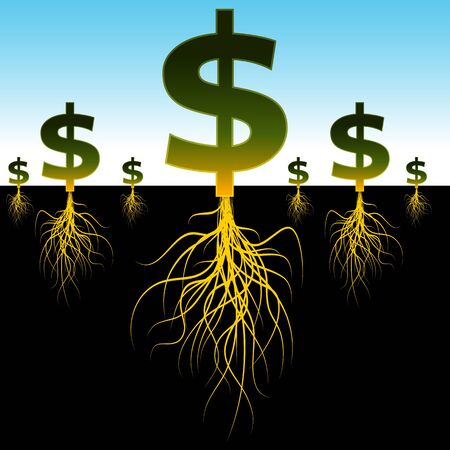 An image of a planted dollar signs with long roots.のイラスト素材