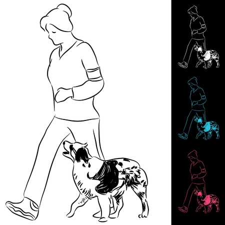 An image of trainer walking a border collie dog.のイラスト素材