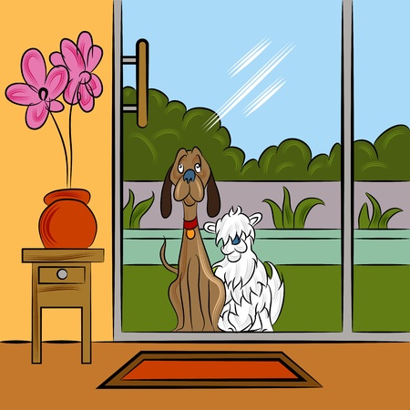An image of two dogs begging at the backdoor.のイラスト素材