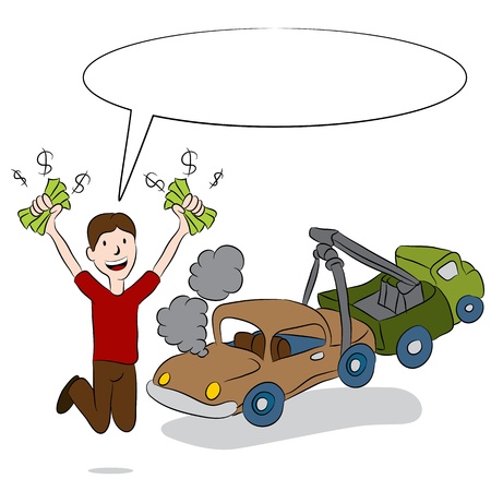 An image of a man selling his old car to a tow truck driver のイラスト素材